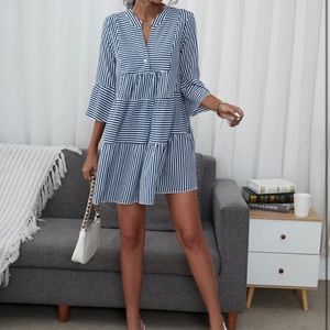 𝑺𝑶𝑳𝑫 Striped Single Button Front Flounce Hem Dress